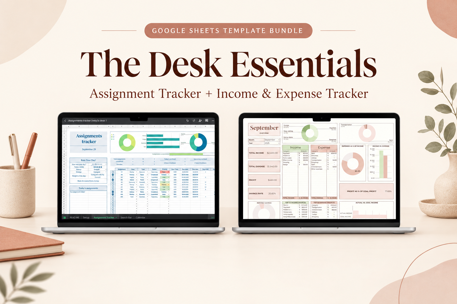 The Desk Essentials Google Sheets bundle with Assignment Tracker and Income & Expense Tracker previews
